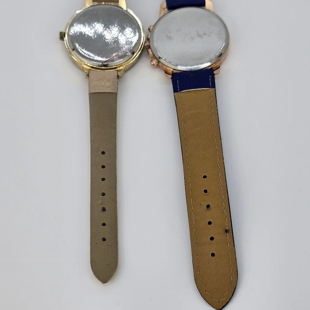 2X 40MM Women's Watch Gold Purple Dial Tan Purple Faux Leather Bands New Battery